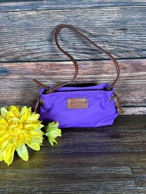 kate spade Purple Nylon mini shoulder bag with Brown Leather Strap and logo!